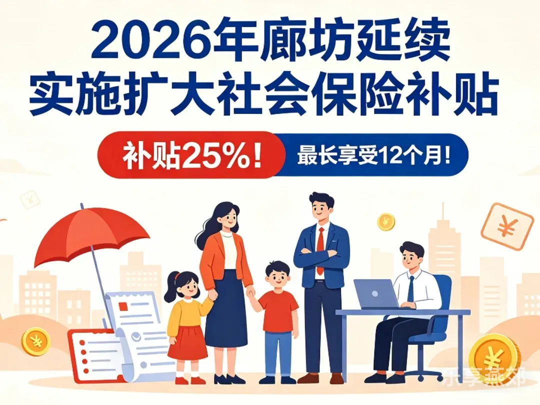 最长享受12个月！补贴25%！2026年廊坊延续实施扩大社会保险补贴！